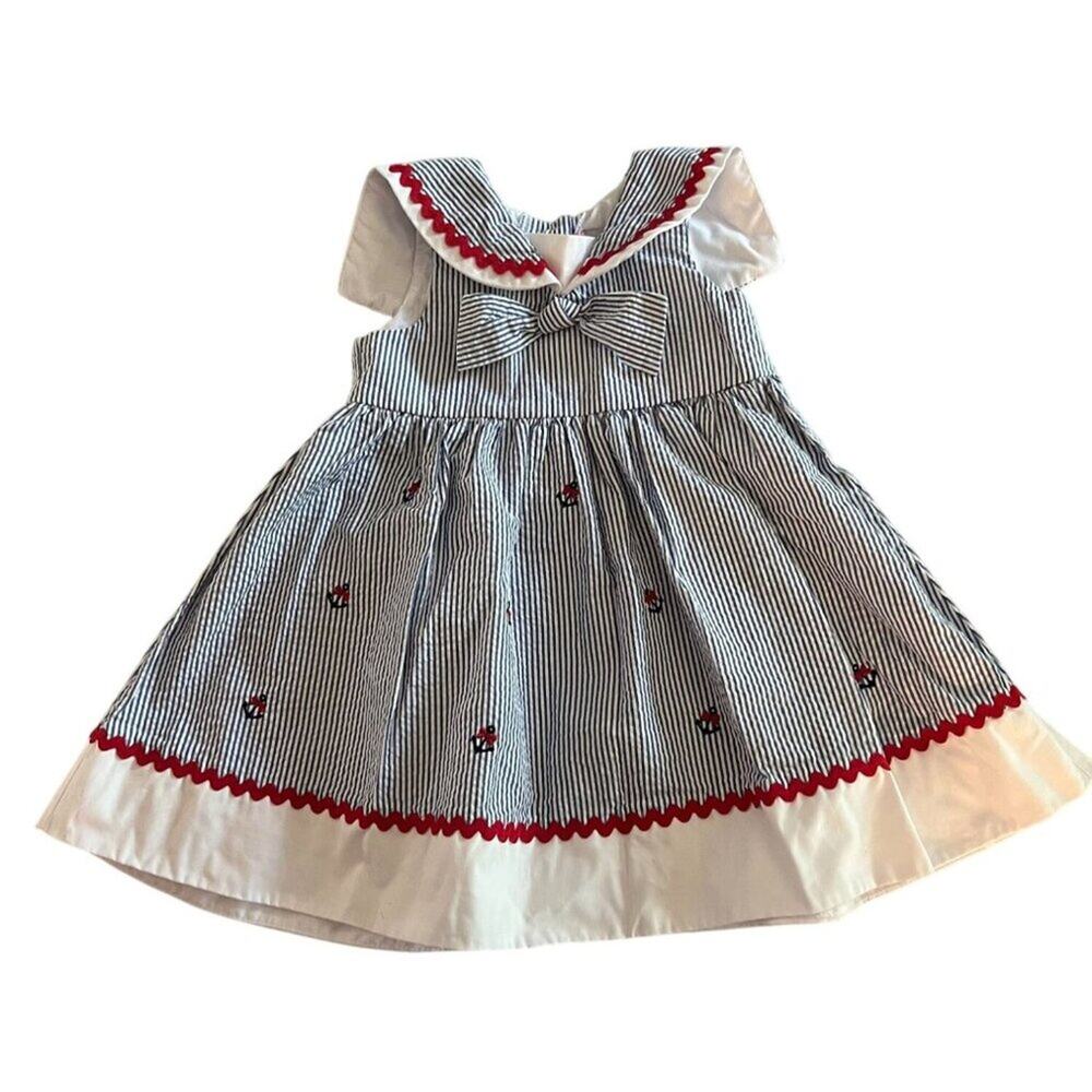 Good Lad Girls Nautical Seersucker Dress 2T Blue & White Stripes W/ Red Ric Rac